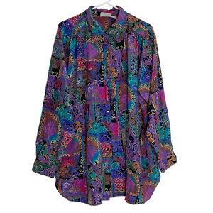 Vintage 90s Button Down Tunic Blouse Top Womens Plus Size 20 W Colorful Print